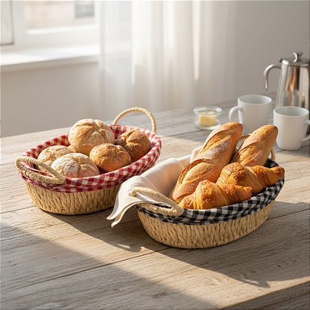 Cesta De Pão Oval Com Alças Tecido 27cm - Branco Xadrez