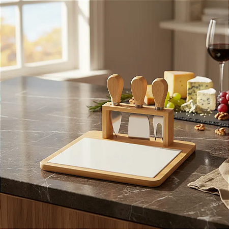 Conjunto Bandeja de Bambu e Cerâmica c/ 3 Peças para Queijo – 23x21cm