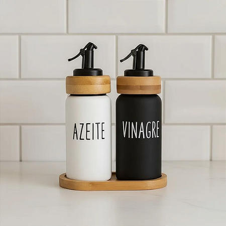 2 Galheteiro Azeite e Vinagre de vidro e bandeja bambu 220ml