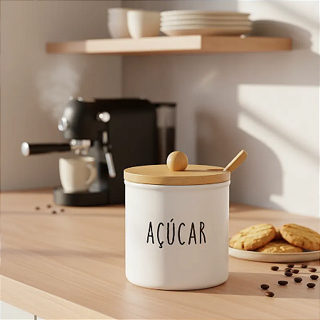 Açucareiro Vidro Tampa de Bambu Colher 300ml