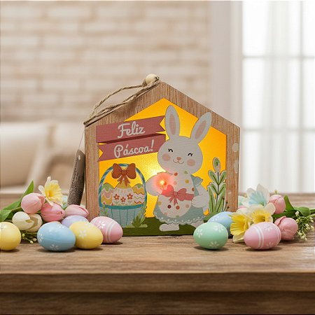 Luminária Casa Feliz Páscoa C/ Luz 12cm em MDF