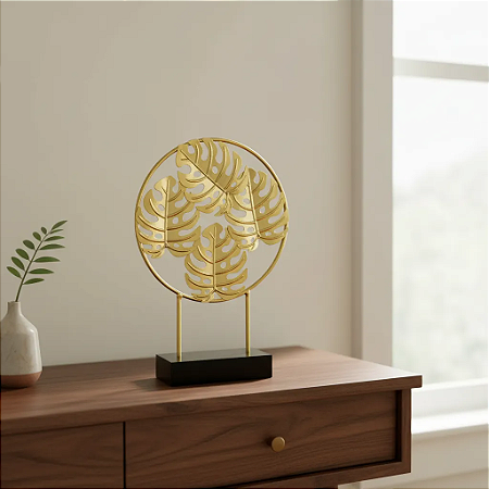 Escultura Folha Dourado Decorativa 23cm em Metal