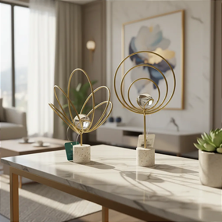 Conjunto de 2 Esculturas Casa Decorativa Dourada Esfera Sala Escritorio