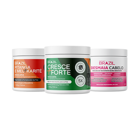 COMBO CRONOGRAMA - MÁSCARA DE TRATAMENTO PITANGA E MEL + KARITÉ - 500G  + MÁSCARA DE NUTRIÇÃO INTENSA CRESCE + FORTE 500G + MÁSCARA ULTRA HIDRATANTE DESMAIA CABELO 500G