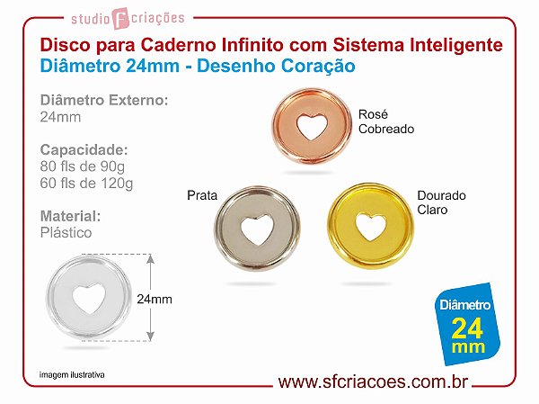 Disco para Caderno Infinito com Sistema Inteligente Diâmetro 24mm - Desenho Coração - Cores Metalicas