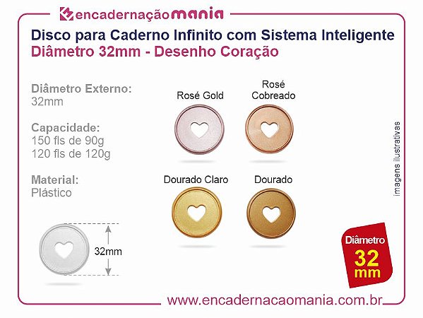 Disco para Caderno Infinito com Sistema Inteligente Diâmetro 32mm - Desenho Coração - Cores Metalicas