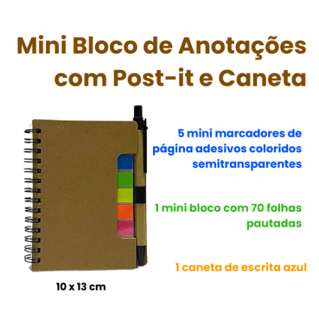 Bloco de Anotações com Caneta Lateral e Post it 13x10cm