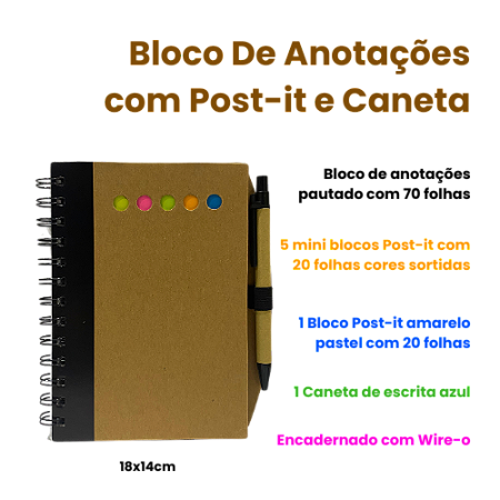 Bloco de Anotações com Caneta Lateral e Post It 18x14cm