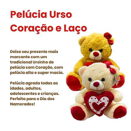 Urso de Pelúcia com Laço e Coração 30cm - Fizzy