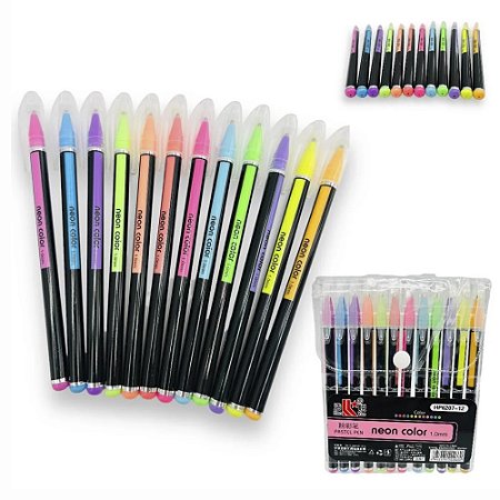 Kit Canetas Gel 12 Cores - Neon Cores Pastel - 1.0  mm - Hao Yue