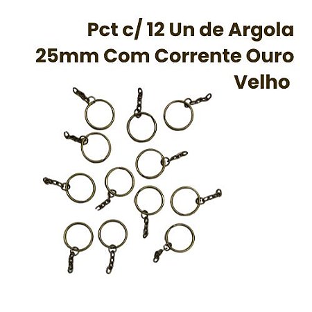 Pct c/ 12 Argolas de Chaveiro com Corrente Ouro Velho - 25mm