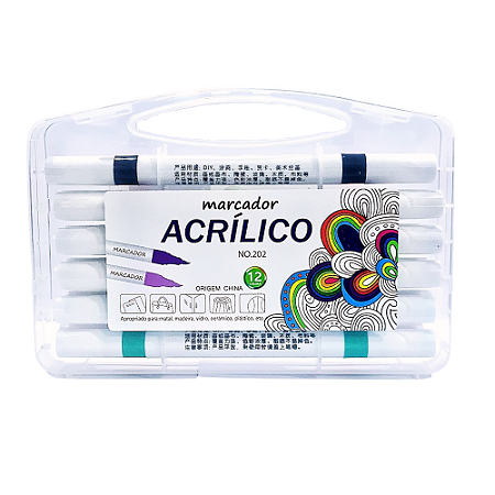 Caneta Marcador Acrílica - Ponta Dupla 12 Cores - BP-R023