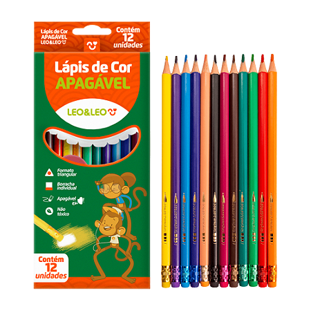 Lápis de Cor Apagável Triangular - 12 Cores - Leo & Leo - Ref 72101