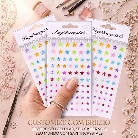 Cartela Adesiva c/ 80 Estrelas Coloridas em Acrílico