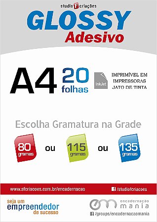 Papel fotográfico A4 - Glossy Adesivo - Pacote com 20 fls