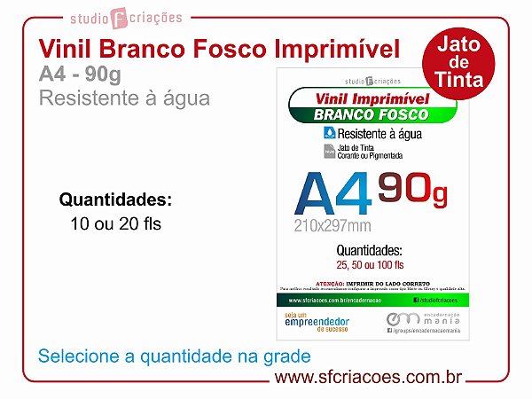 Vinil Imprimível BRANCO FOSCO - A4 -90g (JATO DE TINTA)