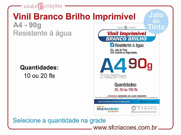 Vinil Imprimível BRANCO BRILHO - A4 -90g (JATO DE TINTA)