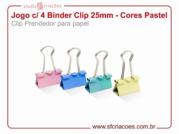 Jogo c/ 4 Binder Clip 25mm - Cores Pastel (Clip Prendedor para papel)