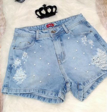 Shorts jeans com perola Clearance
