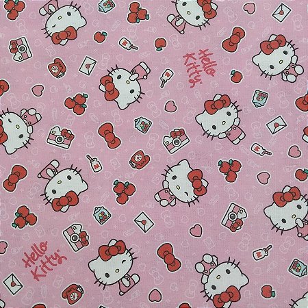 Tecido Tricoline Hello Kitty - Rosa - 100% Algodão - Largura: 1,50 - Dohler - 1 Metro