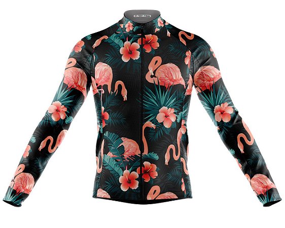 Camisa Ciclismo Floral Flamingo Preta Longa Full Ziper Bike