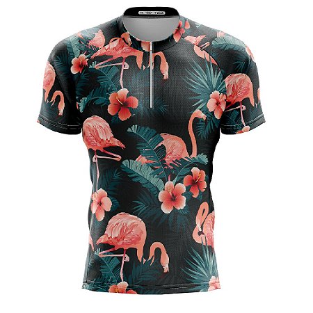 Camisa Ciclismo Floral Flamingo Preta Curta Bike Dry Fit Mtb