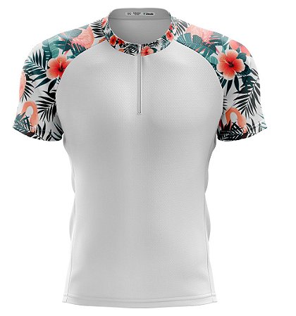 Camisa Ciclismo Floral Flamingo Curta Branca Bike Mtb