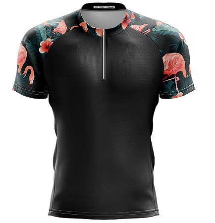 Camisa Ciclismo Floral Flamingo Curta Preta Dry Fit Bike Mtb