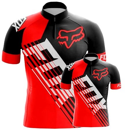 Conjunto Camisa Ciclismo Fox Vermelha Pai E Filho Esportiva Uv Mtb