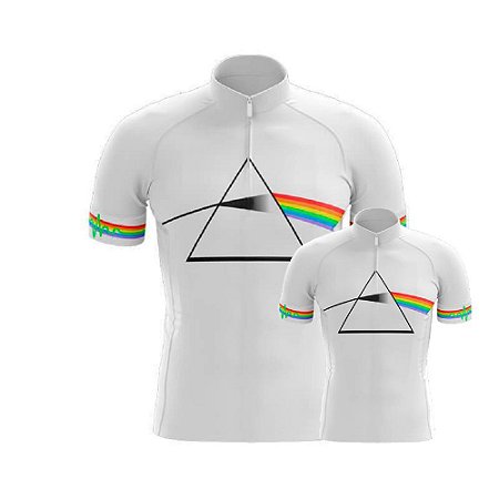 Conjunto Camisa Ciclismo Pink Floyd Branca Pai E Filho Esportiva Bike Uv Mtb