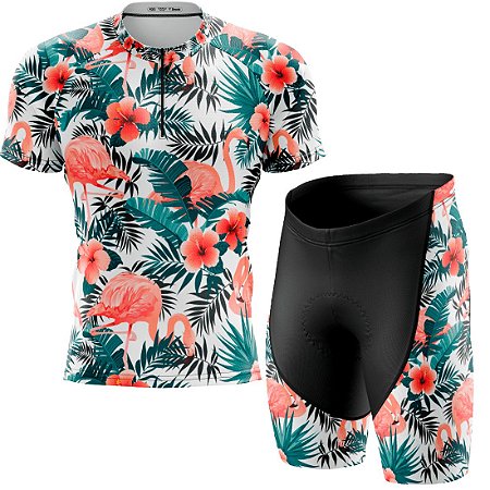 Kit Camisa Bike Floral Flamingo c/ Bermuda Forro Gel D80 Uv