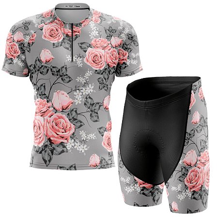 Kit Camisa Bike Rosas Exóticas c/ Bermuda Forro Gel D80 Uv