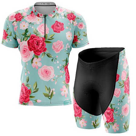 Kit Camisa Bike Rosas Vintage c/ Bermuda Forro Gel D80 Uv