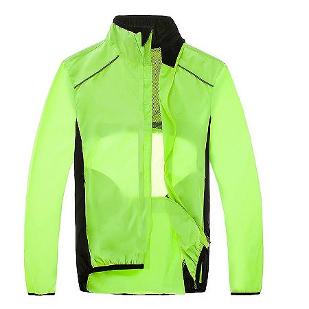 Jaqueta Corta Vento Verde Refletiva Neon Fitness Uv+50 Ziper