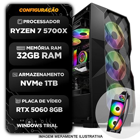 Computador Gamer Ryzen 7 5700x - 32GB Memória DDR4 - SSD NVMe 1TB - RTX 5060 8GB - Fonte 700W 80 Plus - Water Cooler RGB