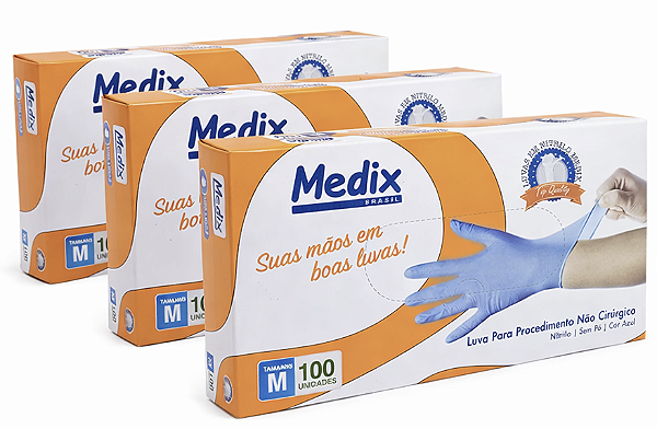 Kit Luva Nitrílica Azul Claro S/ Pó – Tam M 300 unid.| Medix