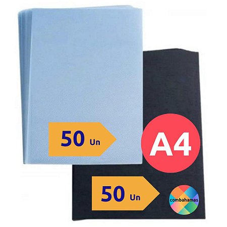 KIT, CAPA ENCADERNAÇÃO A4, 50 UN TRANSPARENTE LINE E 50 UN PRETA COURO