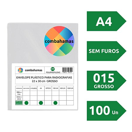 SACO PLÁSTICO, PP, A4, 22 X 30 X 015, GROSSO, SEM FUROS, PASTA, EXAME, RADIOGRAFIAS, 100 UN