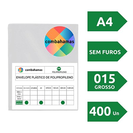 SACO PLÁSTICO, PP, A4, 22 X 30 X 015, GROSSO, SEM FUROS, 400 UN