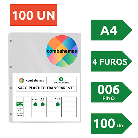 SACO PLÁSTICO, PP, A4, 23,5 X 30 X 006, FINO, 4 FUROS, 100 UN