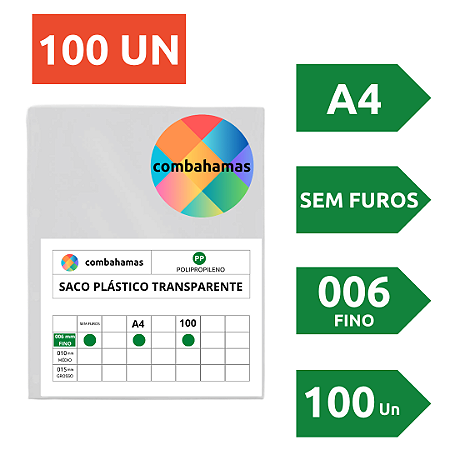 SACO PLÁSTICO, PP, A4, 23,5 X 30 X 006, FINO, SEM FUROS, 100 UN