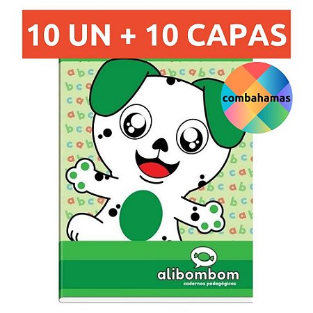 KIT 10 CADERNOS ALIBOMBOM BROCHURÃO, CAPA FLEXÍVEL, 60 FLS, 123, VERDE+ 10 CAPAS PLÁSTICAS PARA CADERNO