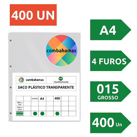 SACO PLÁSTICO, PP, A4, 23,5 X 30 X 015, GROSSO, 4 FUROS, 400 UN