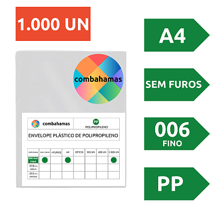 SACO PLÁSTICO, PP, A4, 23,5 X 30 X 006, FINO, SEM FUROS, 1000 UN