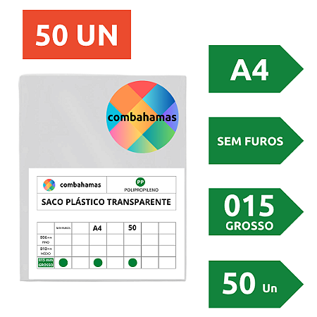 SACO PLÁSTICO, PP, A4, 23,5 X 30 X 015, GROSSO, SEM FUROS, 50 UN