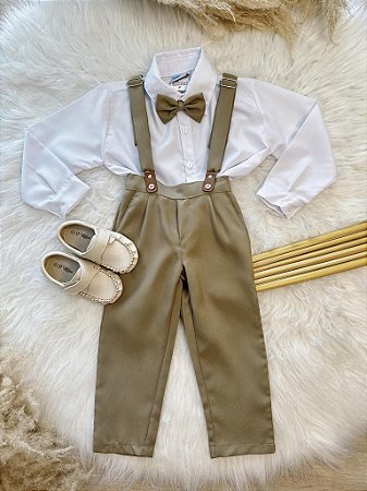 Conjunto Social Camisa Calça Gravata e Susp Cáqui