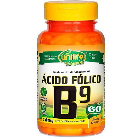 Vitamina B9 Ácido Fólico 500mg 60caps - Unilife