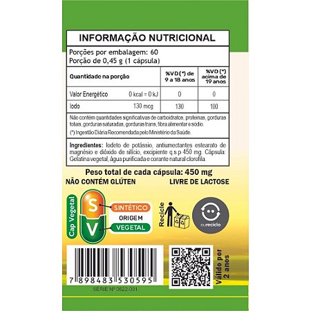 Iodo Iodeto de Potássio 450mg 60 Caps - Unilife