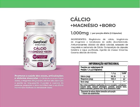 Cálcio + Magnésio com Boro 60 Caps 1006mg - Sunfood