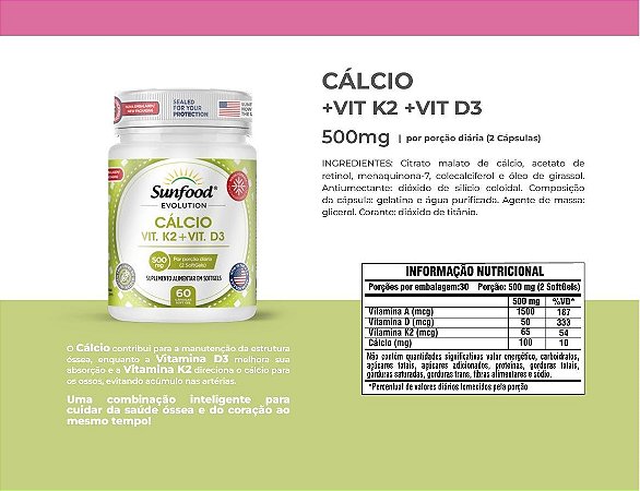 Cálcio + Vit. K2 MK7 + Vit. D3 500mg 60softgels - Sunfood